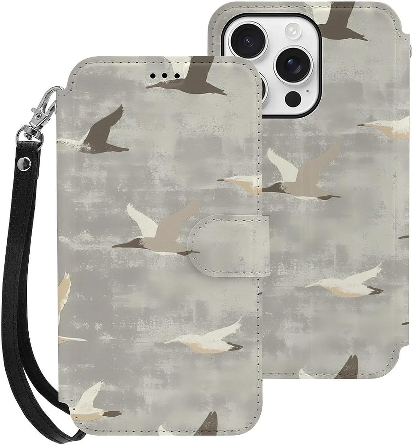 Vintage Flying Birds Compatible with iPhone 16/16 Plus/16 Pro/16 Pro Max/16 E Case Phone Wallet Card Holder Flip Cover with Wrist Strap