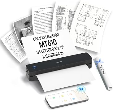 iDPRT Portable Printers Wireless for Travel,MT610 Mini Thermal Printer A4,Bluetooth Printer for Travel,Home,Study,Wireless Printers for Home Use Compatible with iOS,Android and PC,Black