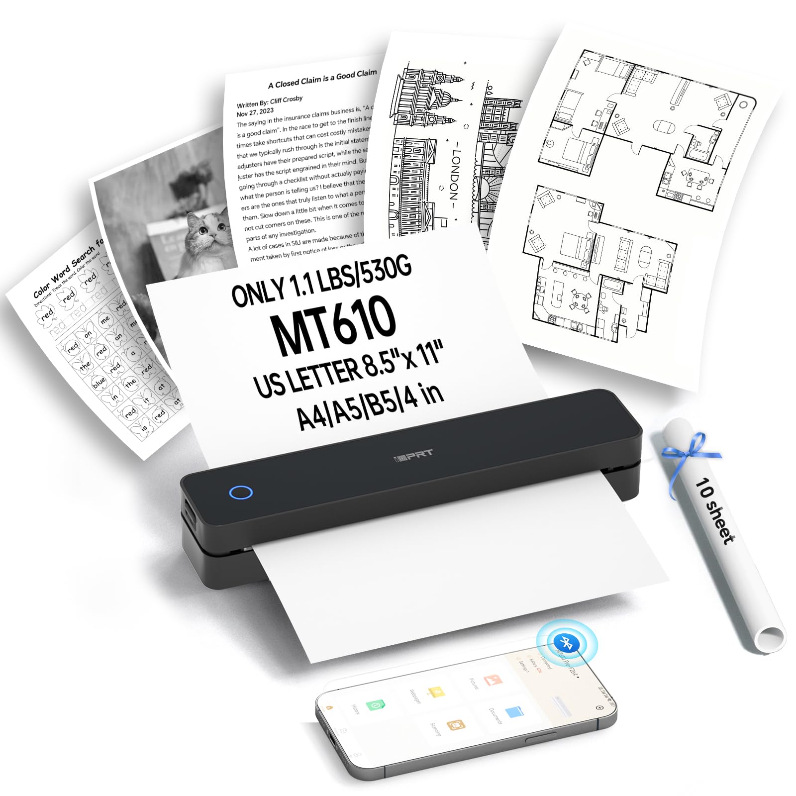 iDPRT Tragbare Drucker Wireless für Reisen,MT610 Mini Thermodrucker A4,Bluetooth Drucker für Reisen,Zuhause,Studium,Wireless Drucker für den Heimgebrauch Kompatibel mit iOS,Android und PC,Schwarz