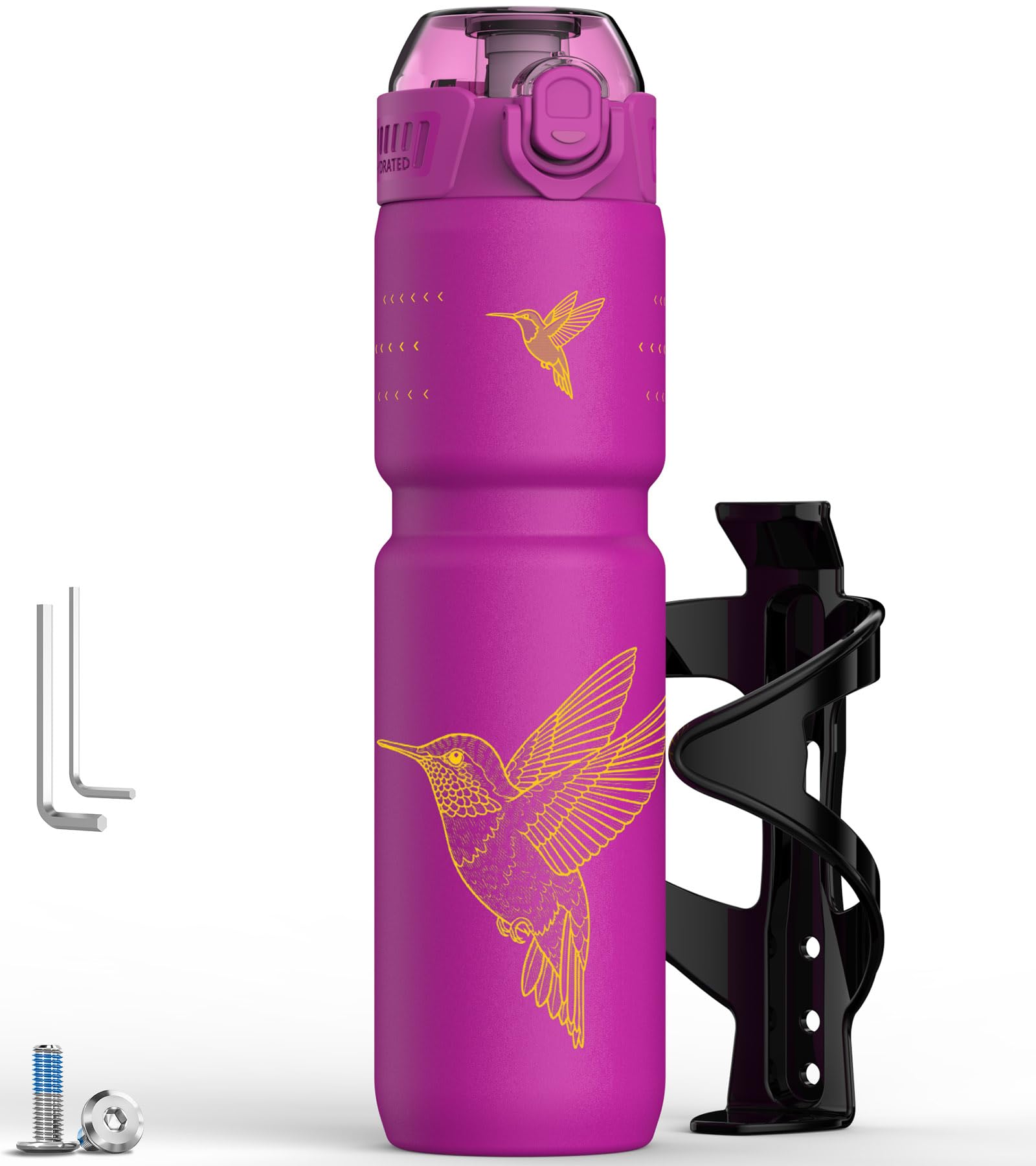 MYFOREST 24oz/700ml Insulated Bike Water Bottle, Odor-Free Surgical Steel Liner, Stronger Grip for Rough Trails, Quick-Open Gulp/Straw 2-in-1, Dirt Cap (Magenta Hummingbird Combo) — image 1