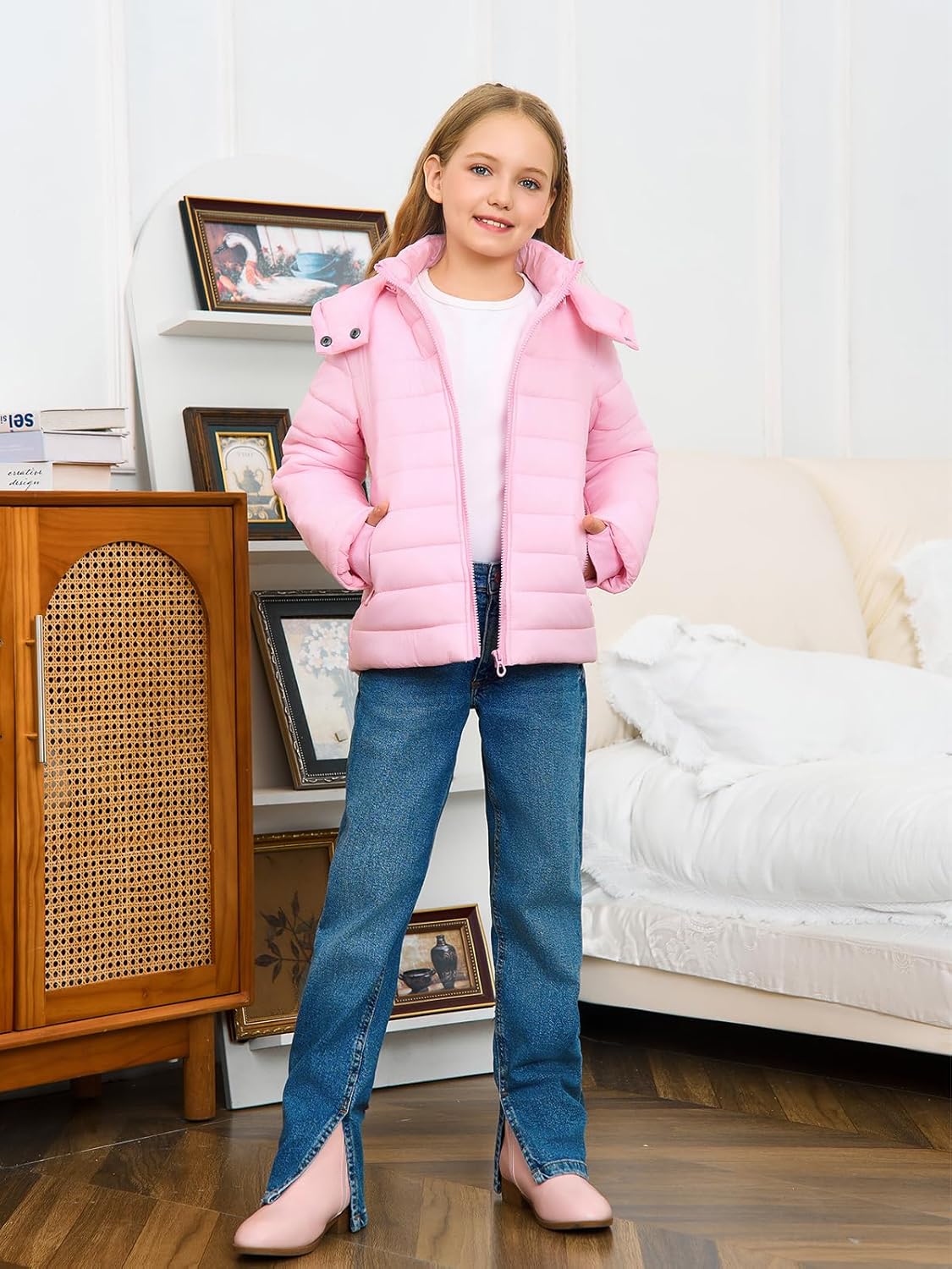 Haloumoning Girls Hooded Puffer Jacket Kids Winter Quilted Down Coats with Zipper Pockets 5-14 Years - Image 6