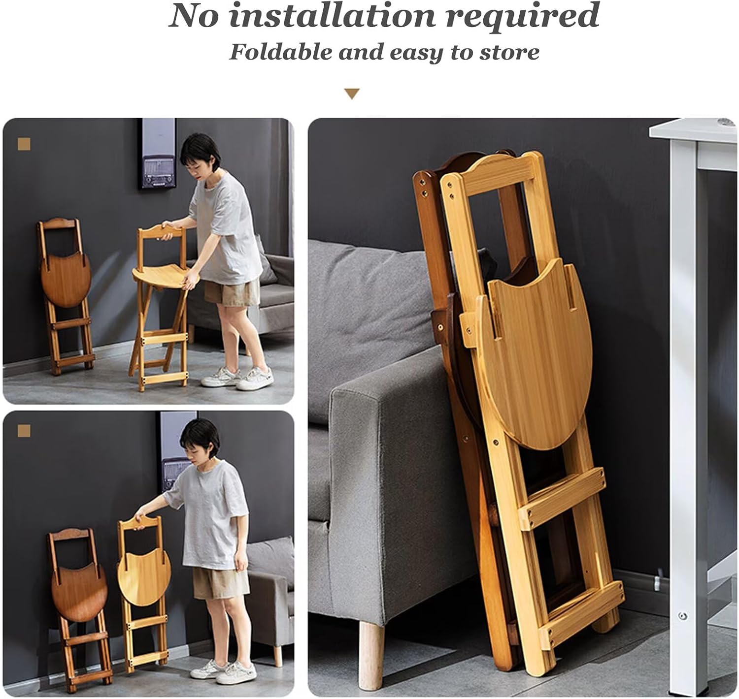 Folding Bamboo Stool with Backrest and Footrest - Portable Kitchen Counter Height Stools - Foldable Bar Chairs with Back Support for Home, Kitchen, Restaurant, Patio, 11.4x14.1x33.4in, Color 01