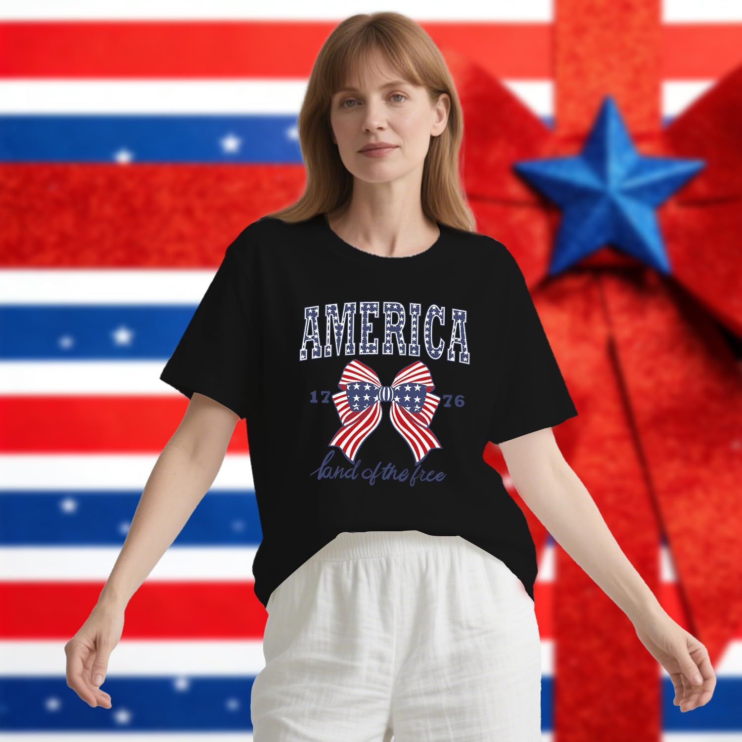 Womens American Flag Shirt USA Bow Flag Patriotic Print T-Shirt 4th of July Crewneck Tee Tops - Image 4