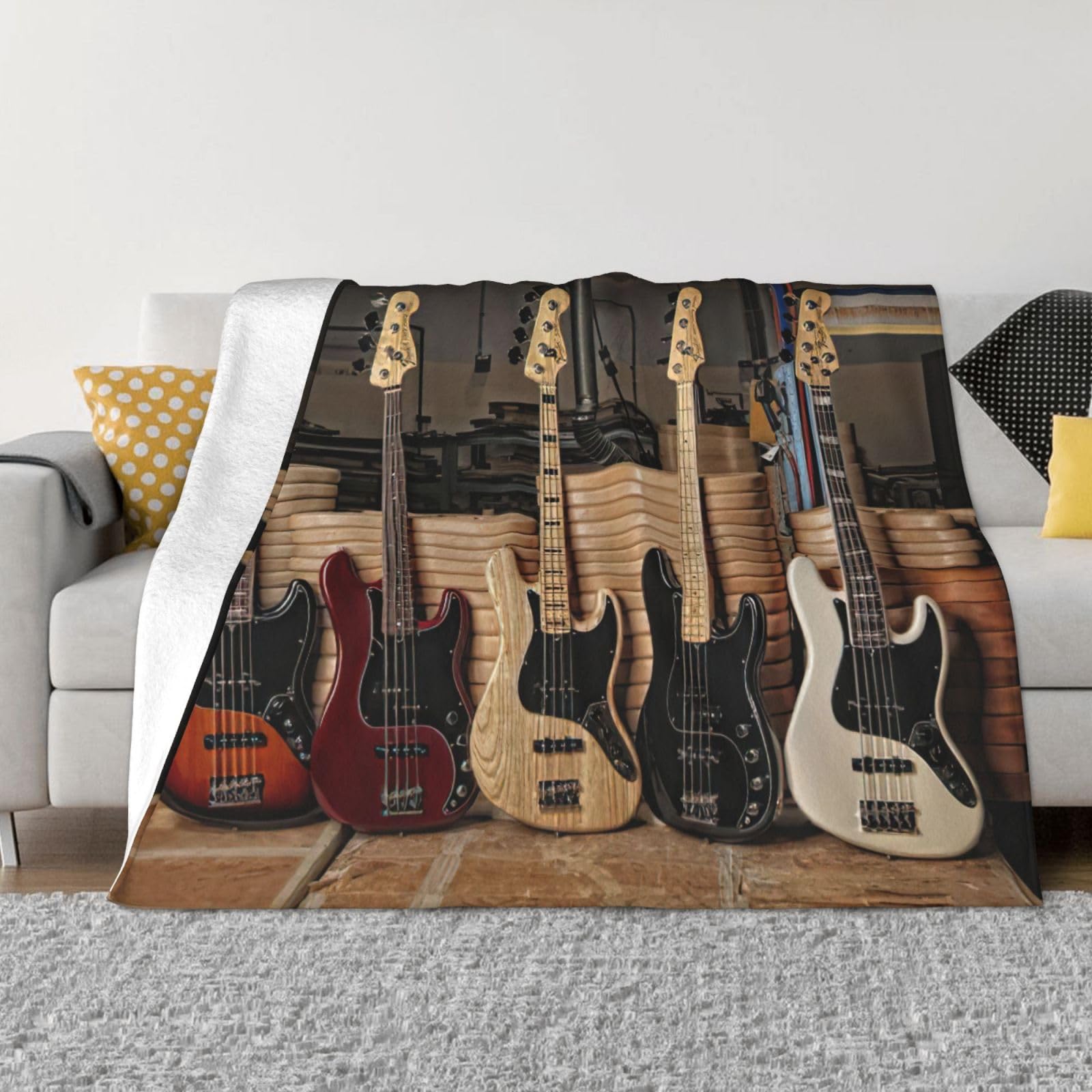 Ewqrtyy Black Guitar Bass Music Musical Instruments Printing Ultra Soft Micro Fleece Blanket, Anti Pilling Flannel Blankets For Bed Sofa,Foldable 2 Sizes