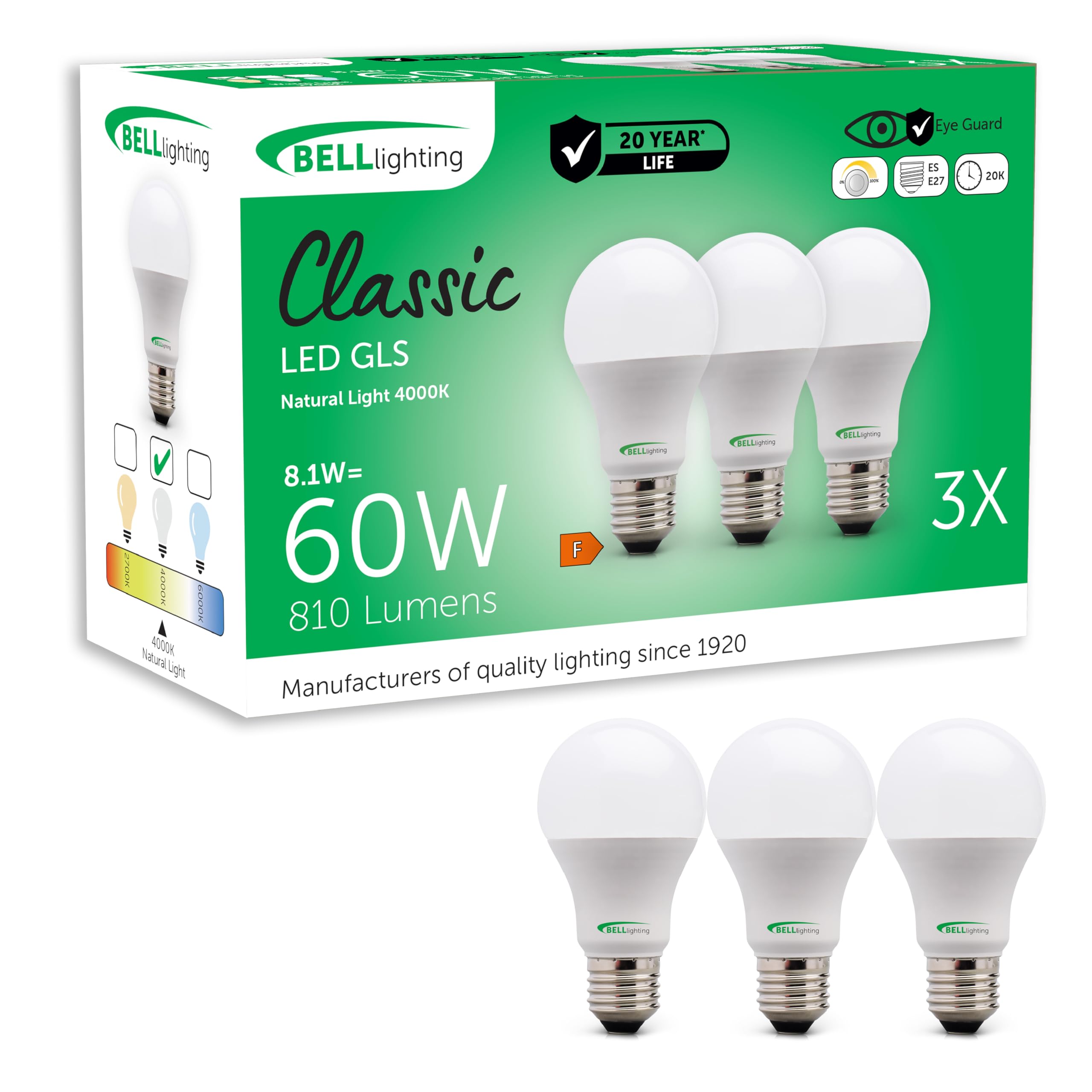 BELL Lighting E27 LED Bulbs 3 Pack | 8.1W 810lm Natural White 4000K | Dimmable Large Edison Screw Light Bulb | Energy Saving ES E27 Bulb Screw in | Opal 60W Equivalent Lightbulb [Energy Class F]