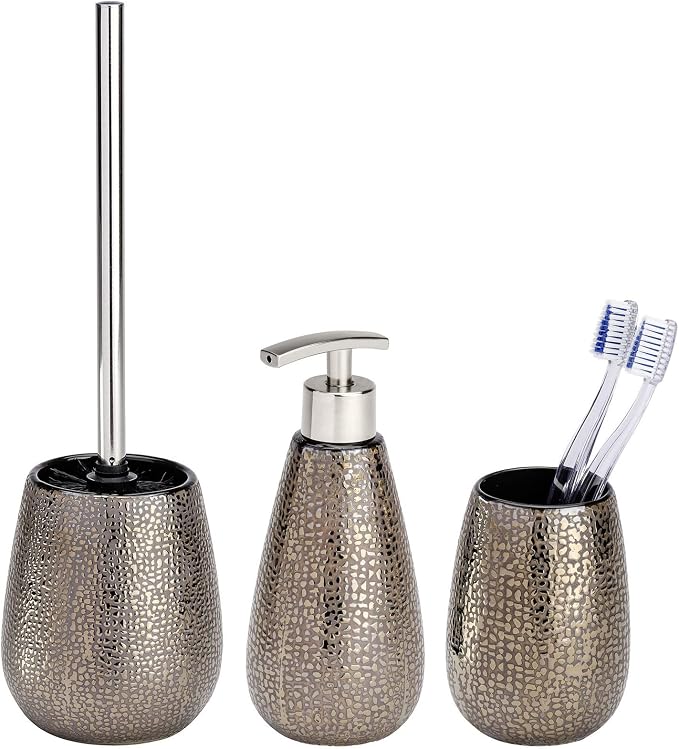 Badezimmer-Set Seifenspender & Zahnbürstenhalter – 2-teilig, Schwarz-Gold Gestreift, Modern