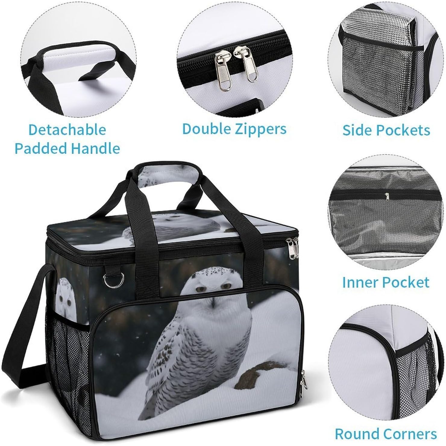 Large Capacity Oxford Cloth Snow Owl Printed Camping Ice Bag, Outdoor Portable Insulation and Cooling Bag, Suitable for Outdoor Camping and Picnics