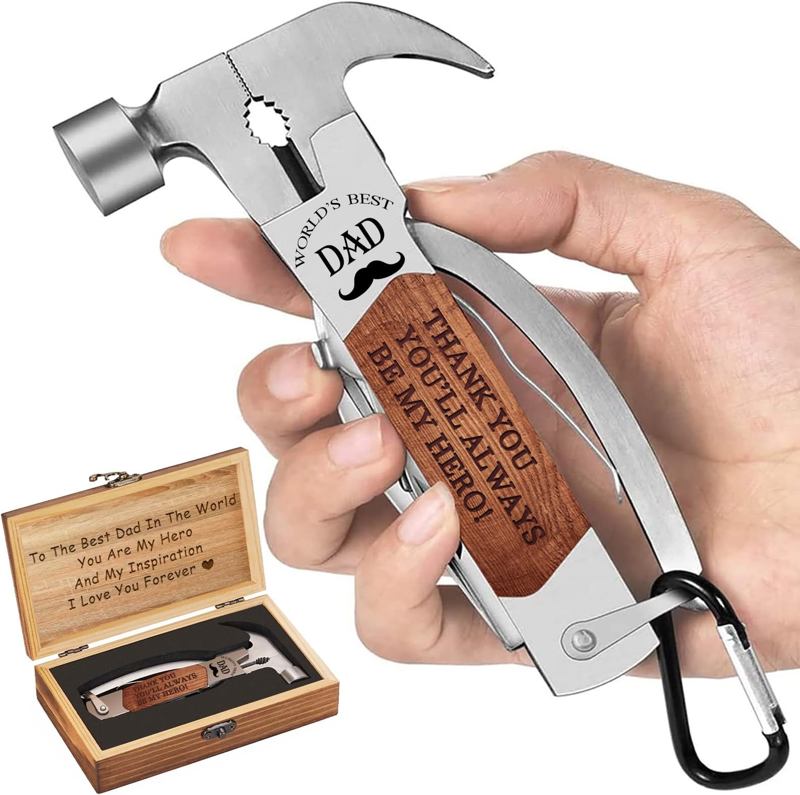 VEITORLD Gifts for Men Dad from Daughter Son Kids, Fathers Day, All in One Tools Hammer Multitool with Engraved Wooden Box, Unique Birthday Gift Ideas for Men Stepdad Him, Cool Gadgets(Dad are Hero)