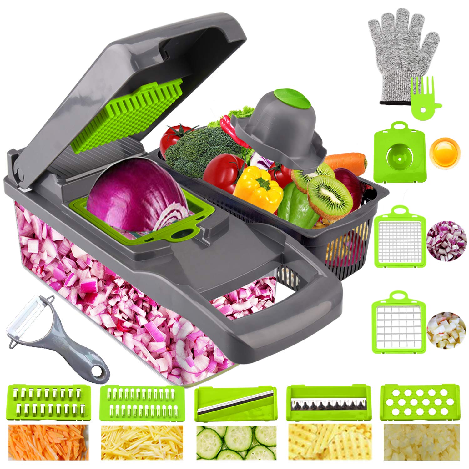 Swongar Onion Chopper Pro Multiple Vegetable Chopper Cheese Grater Durable Fruit Chopper Vegetable Slicer Cutter Dicer Ricer with 8 Blades for Salad Potato Carrot Garlic (grey)