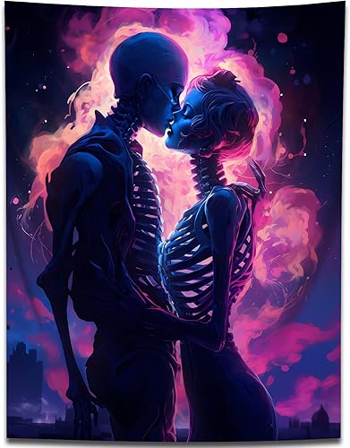 Miniatura 3 de QGHOT Tapiz gótico de esqueleto para parejas, besos, amantes, tapiz para colgar en la pared, tapiz de pared Trippy caprichoso para sala de estar,