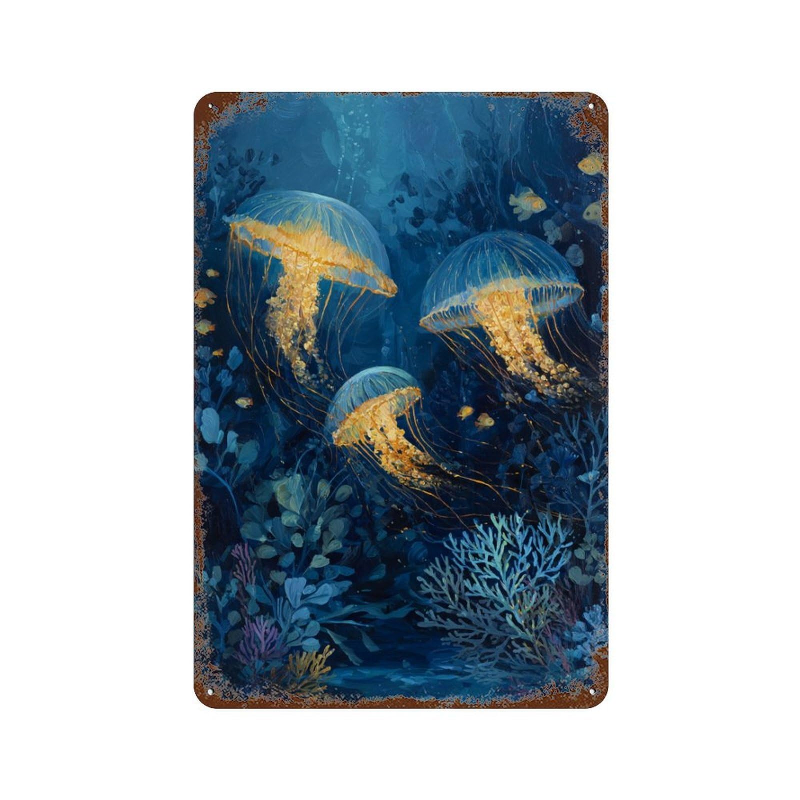 Ocean Jellyfish Painting 11.8"x7.9" Weathered Tin Sign, Shabby Chic Decor for Farmhouse, Kitchen And Entryway Decor