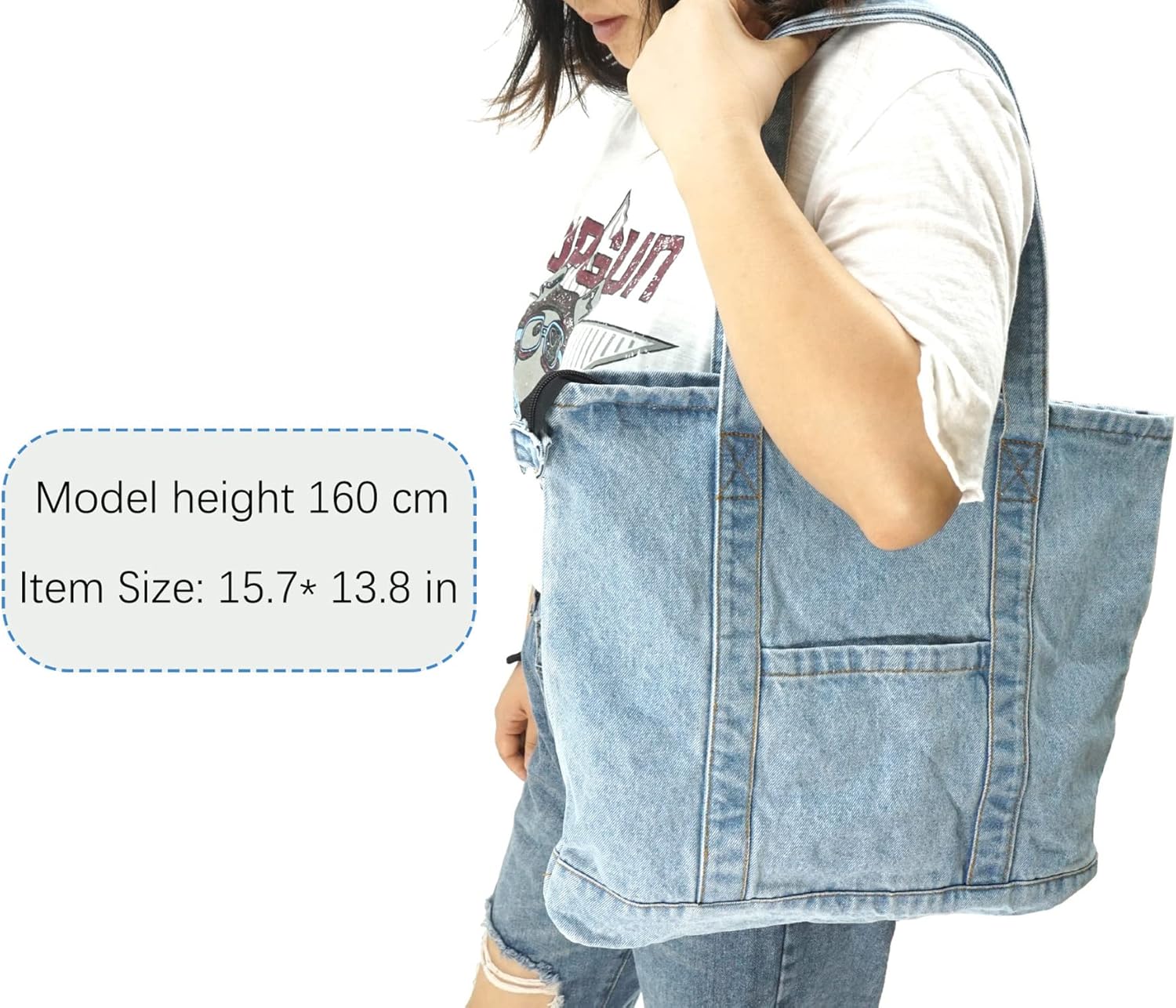 YunZh Denim Tote Bag Casual Style Lightweight Classic Retro Travel Shopper Shoulder Handbag - Image 2