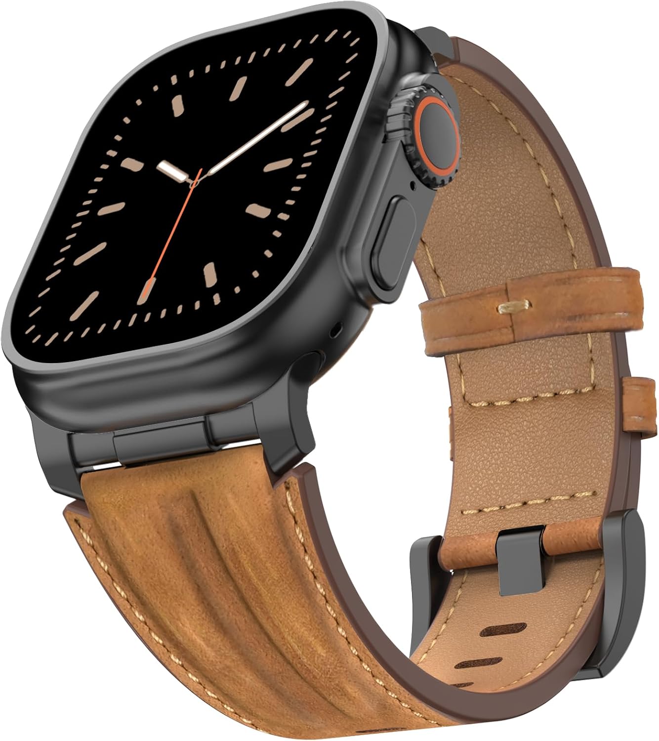 Top Grain Genuine Leather Compatible with Apple Watch Ultra 3 Band 49mm 46mm 45mm 44mm 42mm, Rugged Metal Connector Band Strap for Women Men iWatch Ultra 2/1 Series 11 10 9 8 7 6 5 4 3 SE