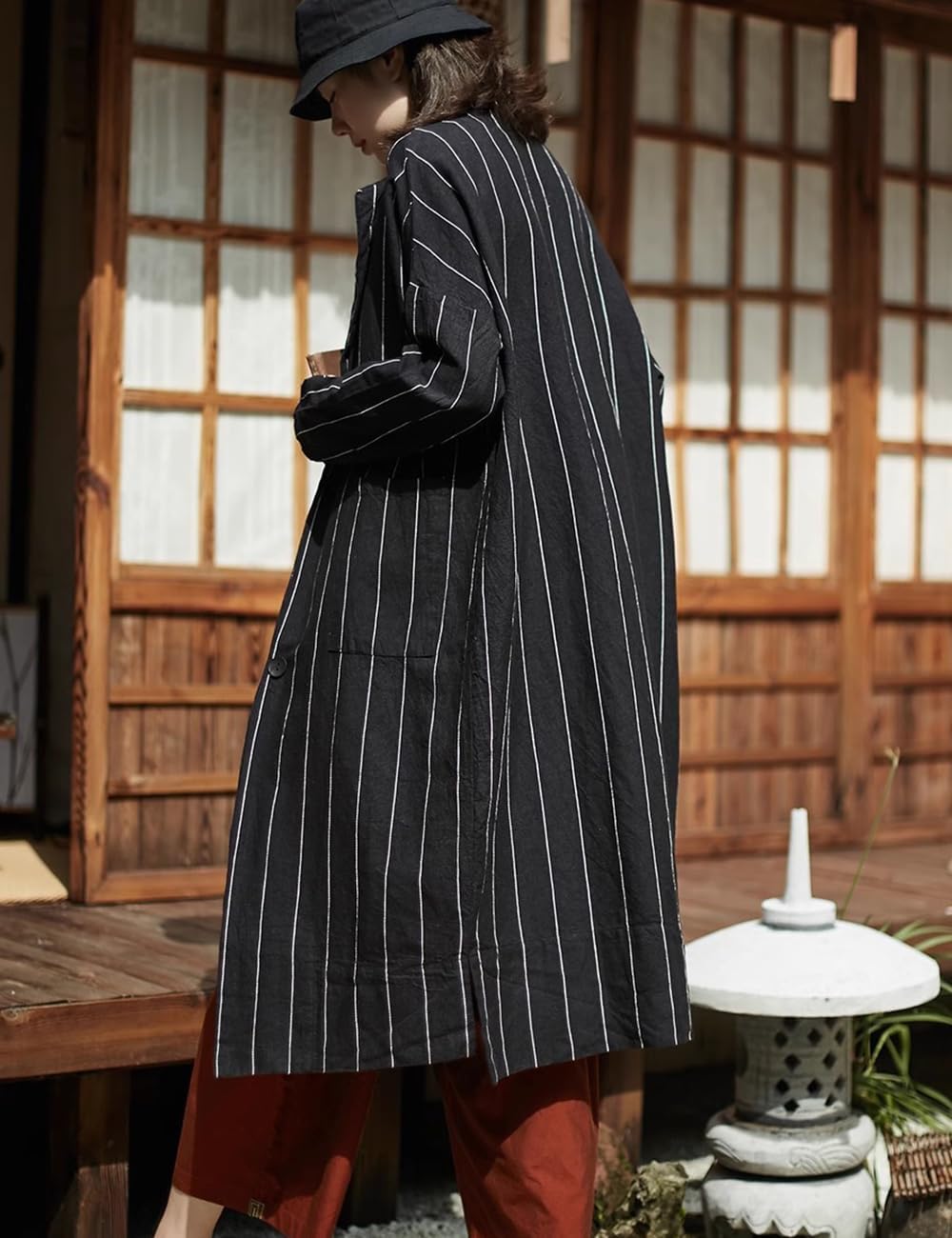Ystylee Women's Striped Linen Single Breasted Long Trench Coat Lightweight Spring Fall Fashion Dust Coat