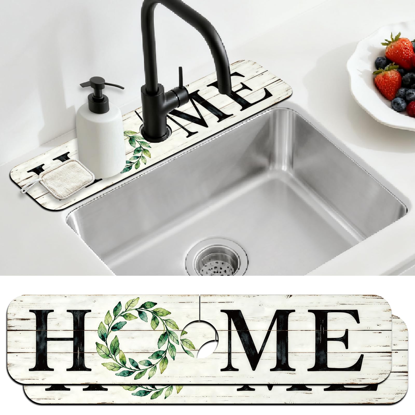 CONCHLERY 2 Pcs Faucet Mat Home Wreath Wooden 5.5x23.6 Inch