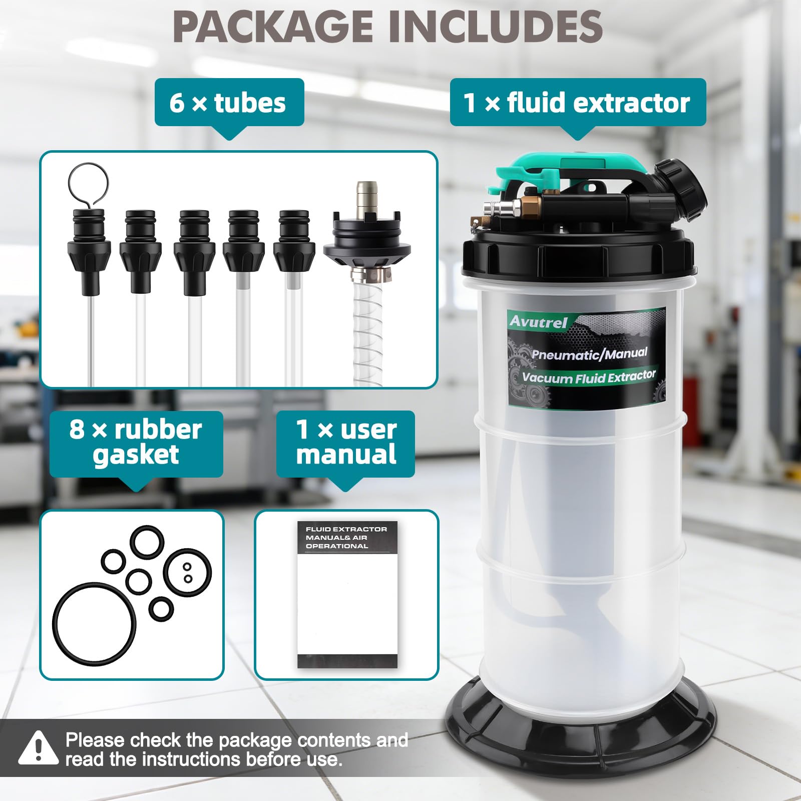 5,3 L Manuale e Pneumatico Pompa Aspirazione Olio, Pompa Estrattore Liquidi Olio, Pompa di Estrazione per Cambio Olio di Motore, con 6 Tubi Flessibili e Valvola di Sicurezza