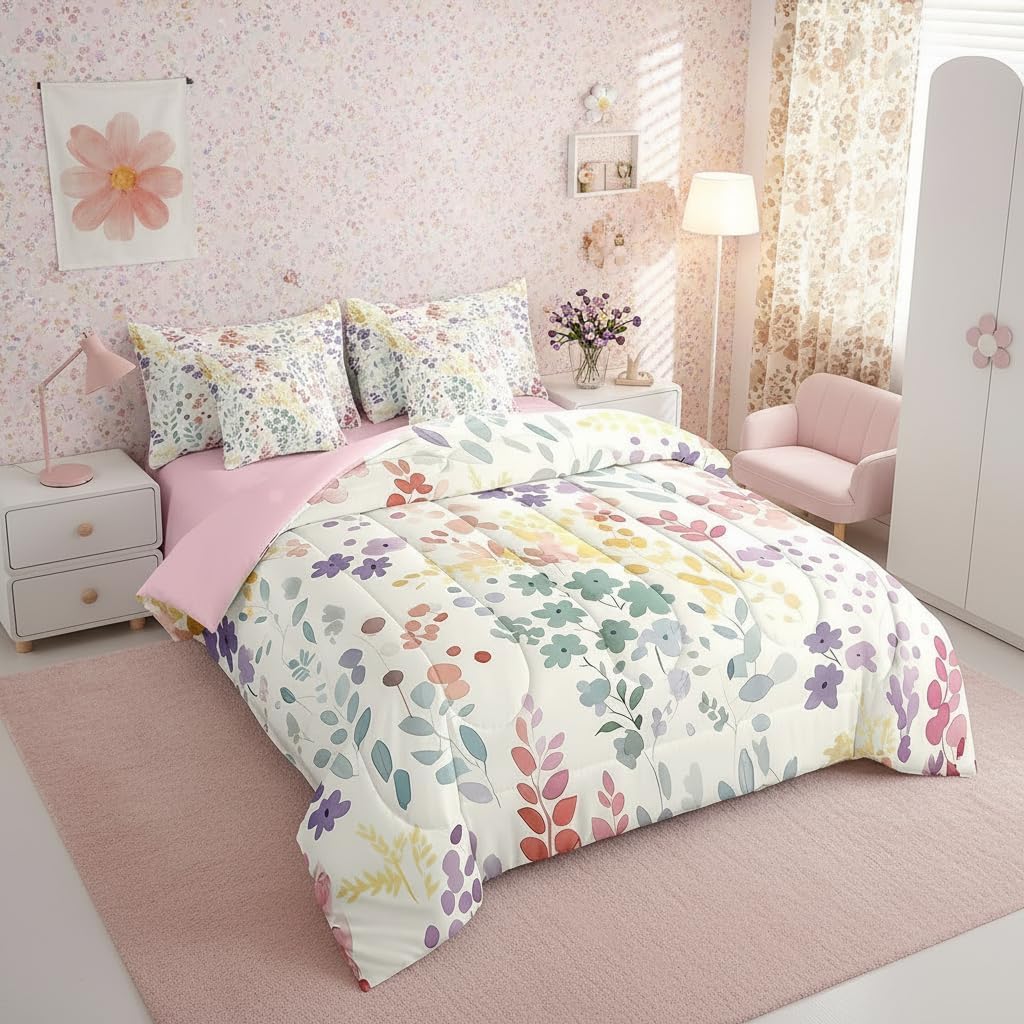 Erosebridal 7 Piece Cute Rainbow Floral Comforter Set Full with Sheets,Colorful Boho Flower Bed Set for Kids Girls Boys,Watercolor Wildflower Bedding Set with Pillowcases,Bohemian Bedroom Decor image 4