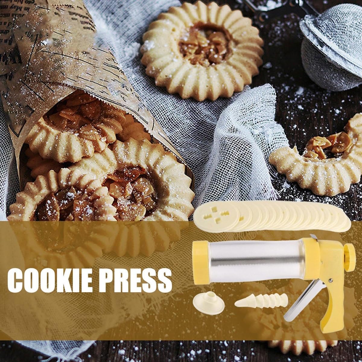 Máquina para hacer galletas con 16 discos de prensa de galletas y 6 puntas de glaseado, herramienta perfecta para hacer galletas Spritz, churros, chocolate y dulces