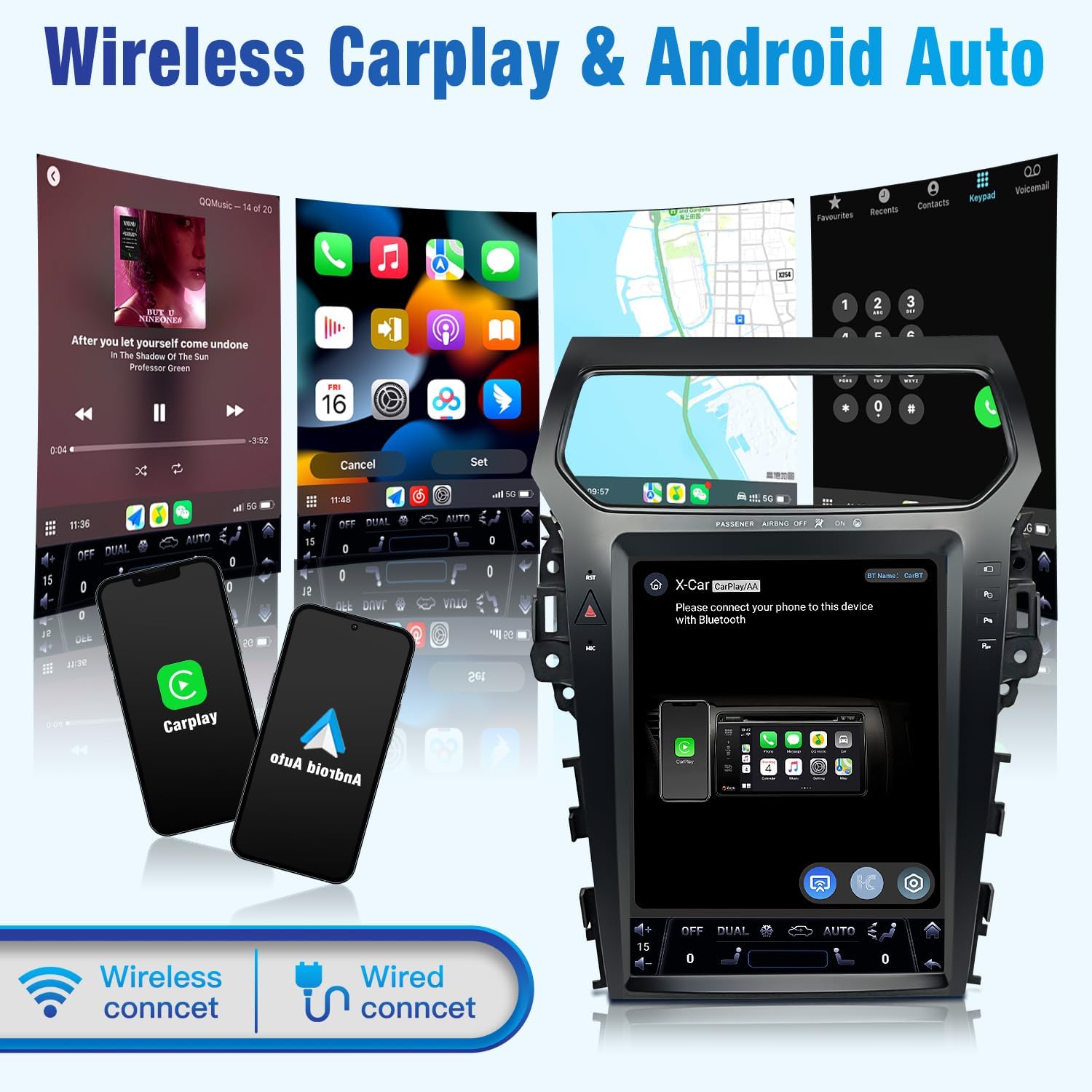 Wireless CarPlay and Android Auto interfaces displayed on the stereo screen, with smartphones showing their respective apps.