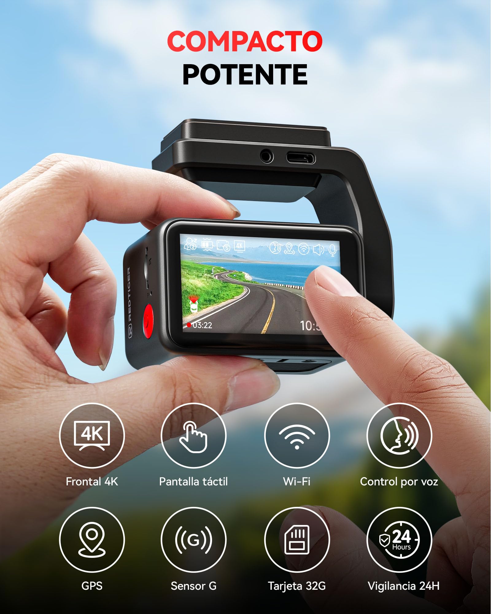 REDTIGER F4 4K Front 2.2-Inch Mini Dashcam Cámara Coche, 2160P UHD Touchscreen, Voice Control, Built-in 32GB Card, Night Vision, GPS, WiFi App Control, Loop Recording, 24-Hour Parking Surveillance