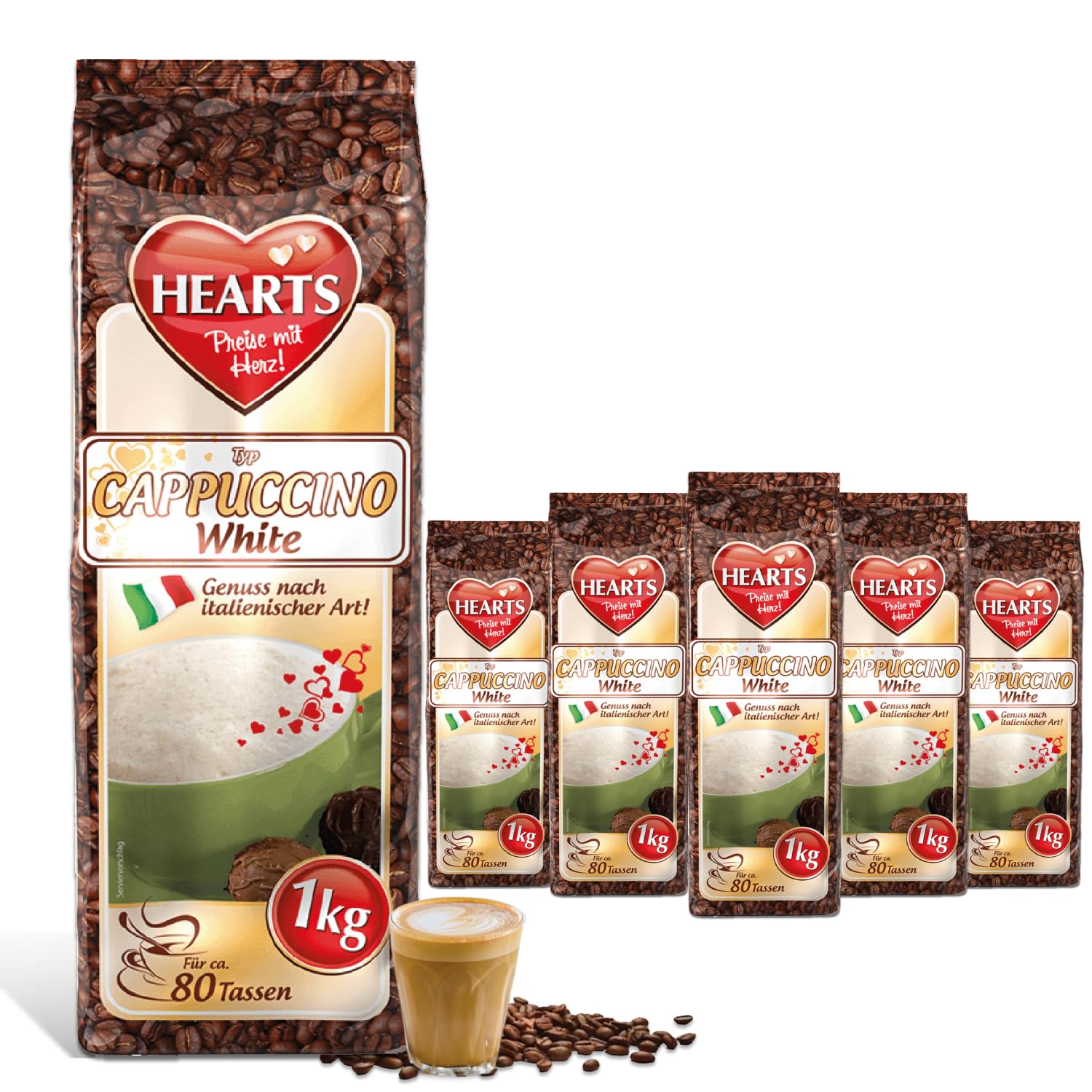 HEART's Cappuccino White Line, 5 x 1kg proszku do kawy instant, intensywny aromat, rozpuszczalny, mleczny, kremowy o smaku waniliowym, opakowanie zapasowe 5 sztuk, wystarcza na 400 filiżanek