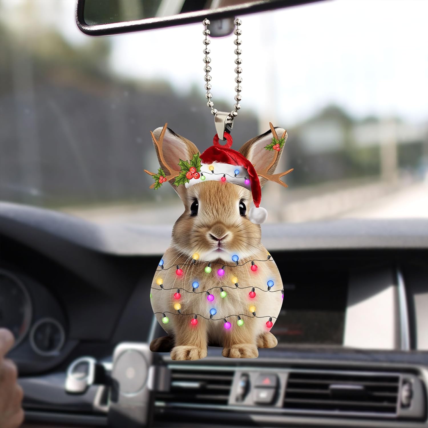 Talataca Rabbit 2D Flat Christmas Ornament, Bunny Wearing Christmas Hat Reindeer with String Lights Pine Tree Decor, Hanging House Charm Eve Keepsake, Car Rear View Mirror Accessories, Xmas Gift - Image 6