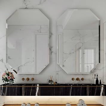Chende 2PCS Large Bathroom Wall Mirror, 24" x 36" Modern Frameless Beveled Mirror with Beveled Edge, Octagonal, Unique Design, Vertical/Horizontal Hanging