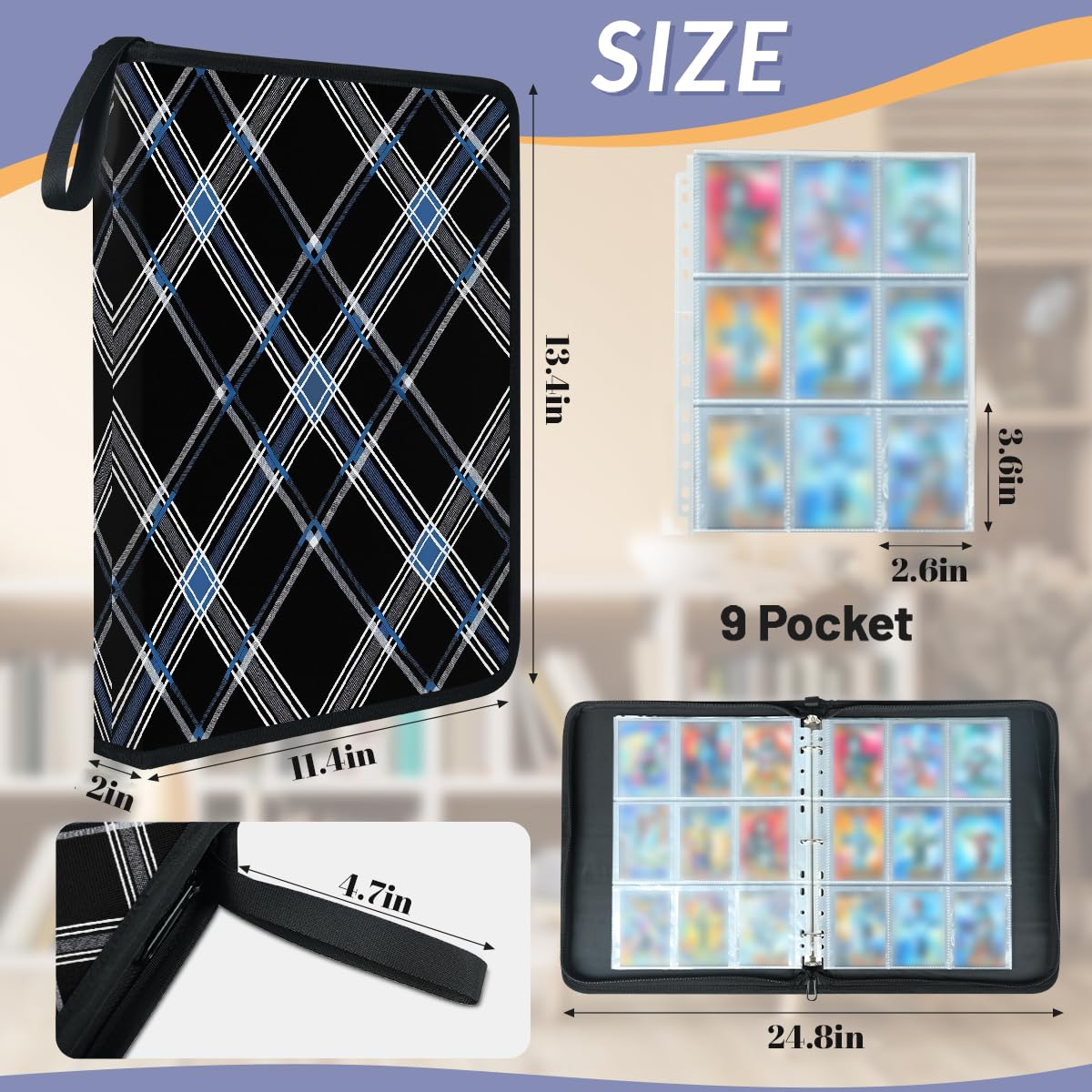 Raccoglitore per carte con 9 tasche, 900 tasche, con chiusura a cerniera (quadrati blu e neri)