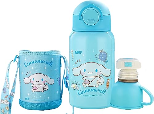 Everyday Delights Sanrio Cinnamoroll - Botella de agua aislada de acero inoxidable con taza, popote y bolsa, 16.9 fl oz, color azul (CN2140)
