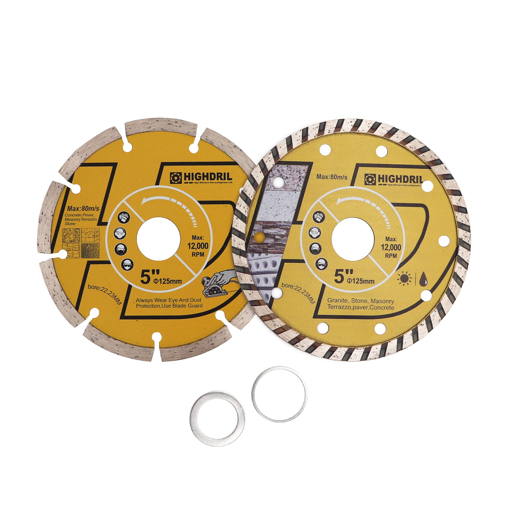 HIGHDRIL Diamond Saw Blades - 125MM /5inch Diamond Cutting Disc for Tile, Ceramic, Concrete, Marble, Stone, Granite,Terrazzo, Masonry 2pcs
