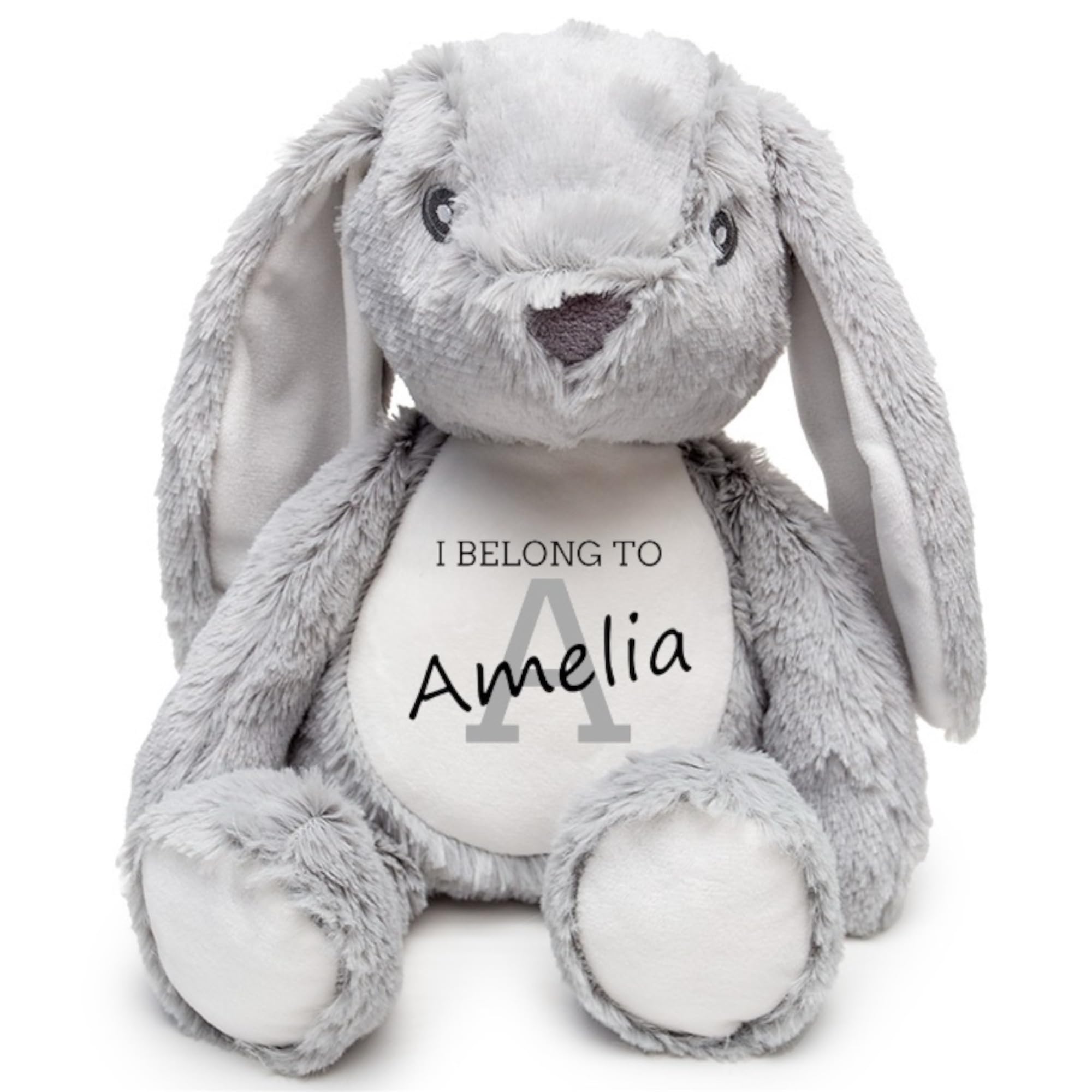 Personalised Soft Toy Teddy | Cow Monkey Unicorn Tiger Giraffe Elephant Pig Fox Dinosaur Bunny (Grey Bunny)