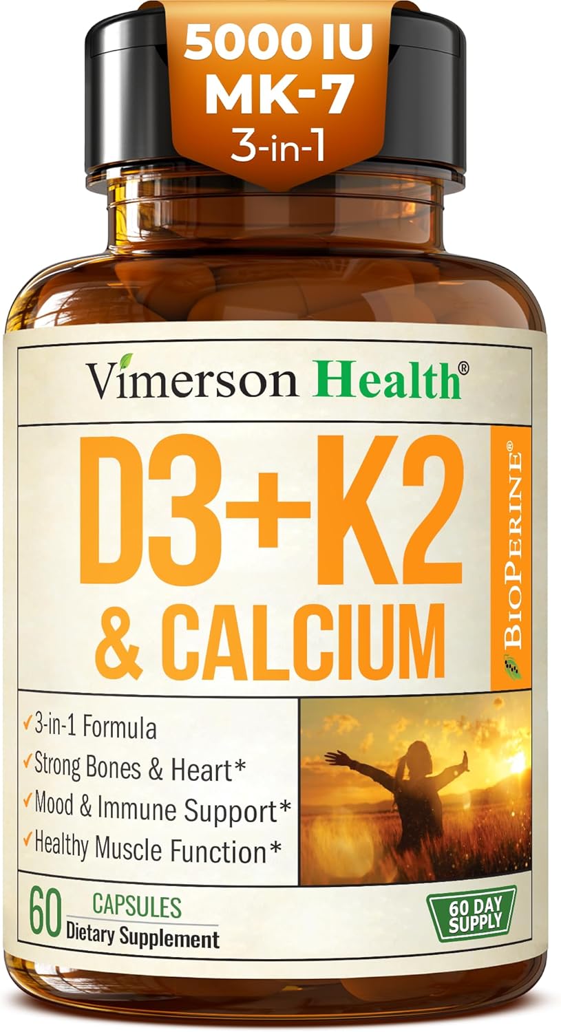Vitamin D3 K2 Supplement – All-in-1 Support for Immune, Bone & Heart Health with Vitamin D + Vitamin K (as MK7) – K2 D3 (5000 IU) Vitamin Supplement with Black Pepper for Max Absorption, 60 Capsules