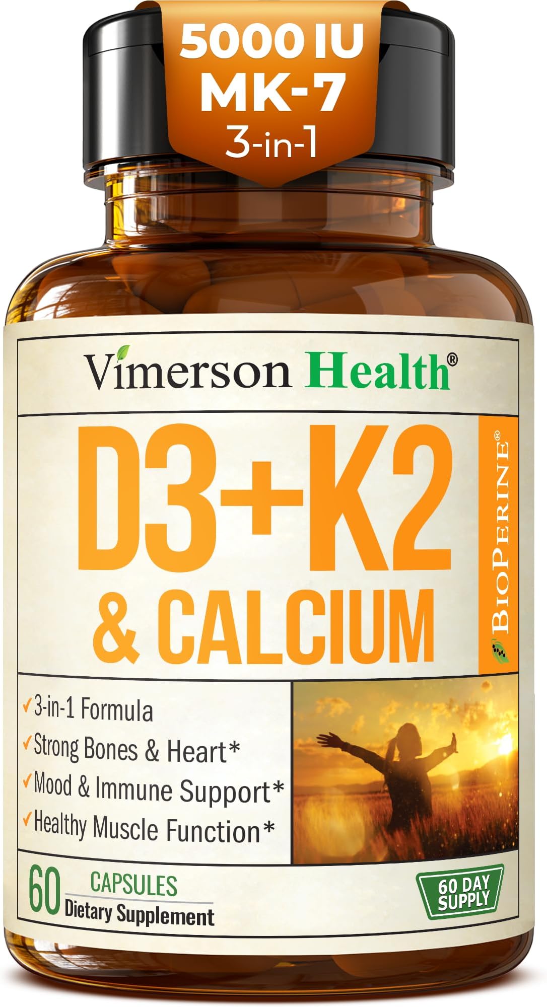 Vitamin D3, K2 Calcium Supplement with BioPerine for Immune & Bone Health - Vitamin D 5000 IU + Vitamin K2 as MK7 + Calcium. 4 in 1 Support: Strong Bones & Teeth Plus Joint & Heart Health. 60 Capsules