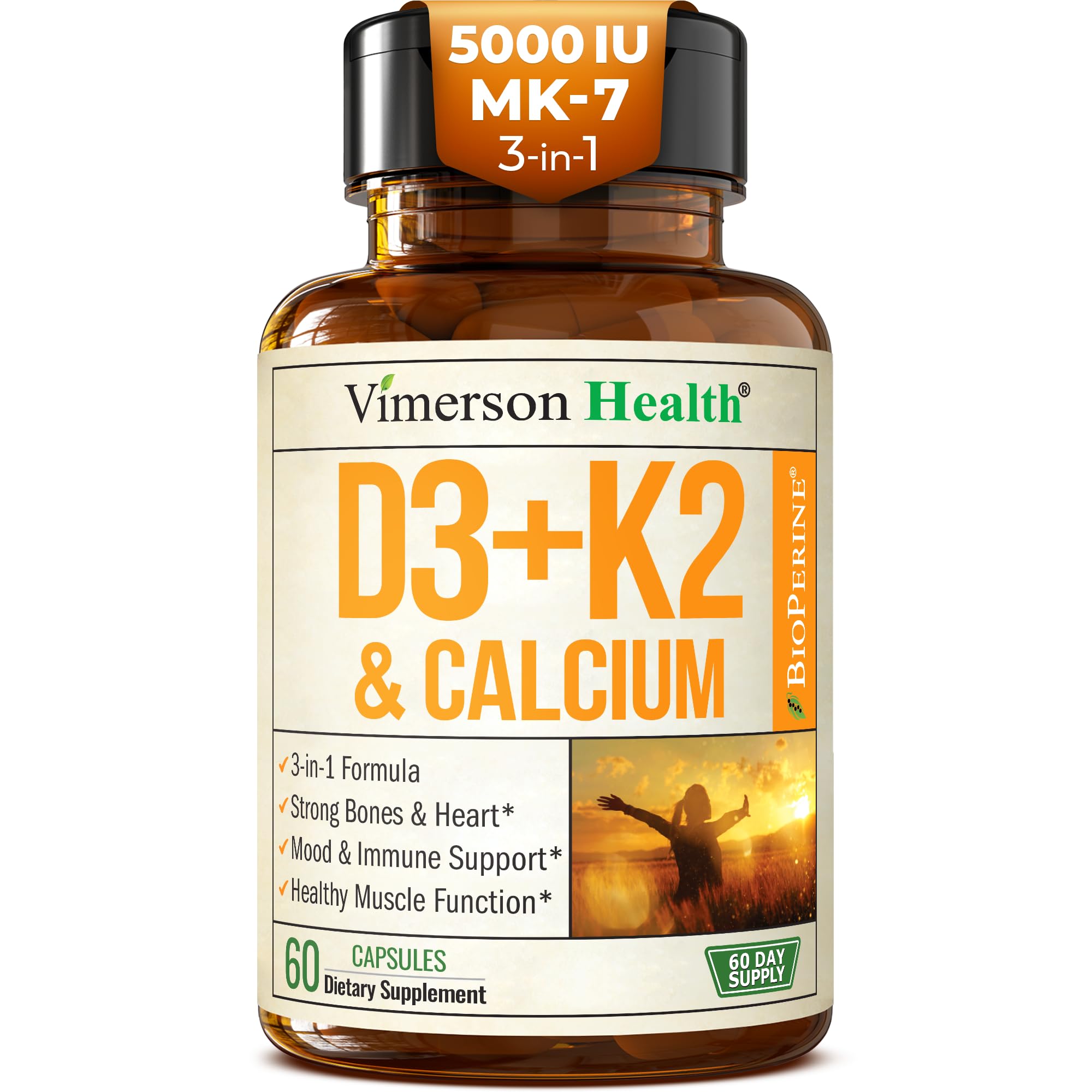 Vitamin D3, K2 Calcium Supplement with BioPerine for Immune & Bone Health - Vitamin D 5000 IU + Vitamin K2 as MK7 + Calcium. 4 in 1 Support: Strong Bones & Teeth Plus Joint & Heart Health. 60 Capsules