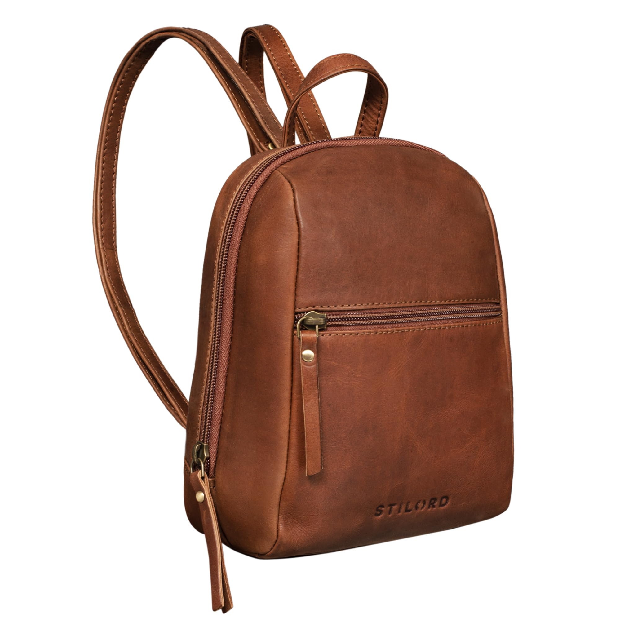 STILORD Lia Mini Rucksack Damen Leder Kleiner Daypack Lederrucksack Vintage Rucksackhandtasche für City Ausgehen Shopping Frauen Tagesrucksack XS Echtleder Farbe:Mocca - Dunkelbraun