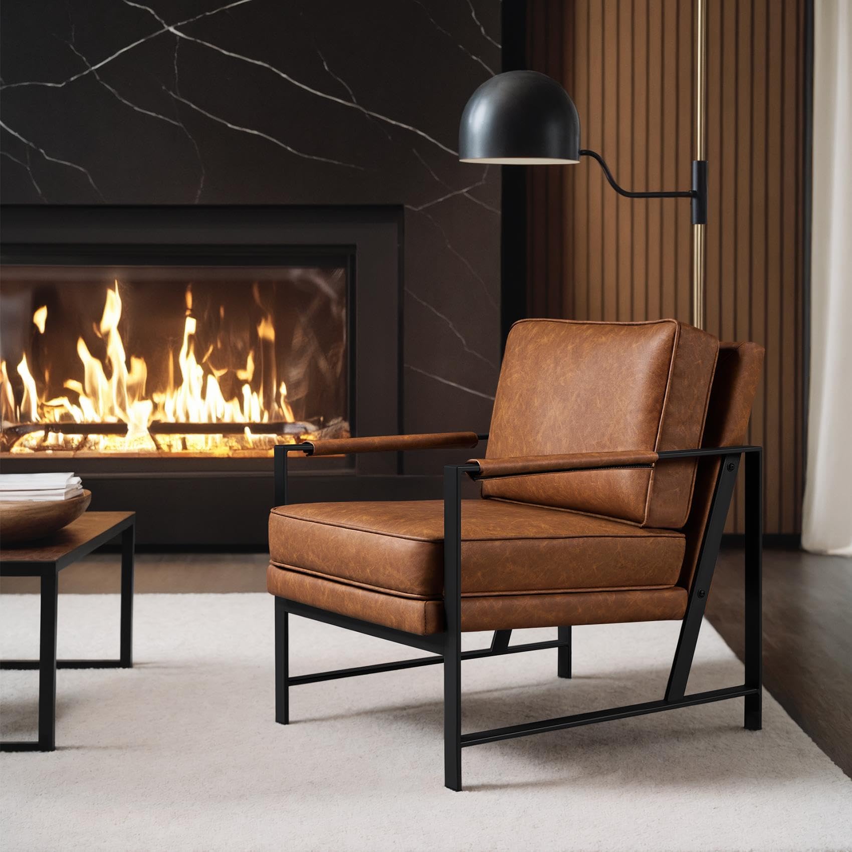 Yaheetech Retro Sessel Stuhl Lehnstuhl Relaxsessel mit Rückenlehne Einzelsessel mit Metallrahmen und Kunstleder, Hellbraun