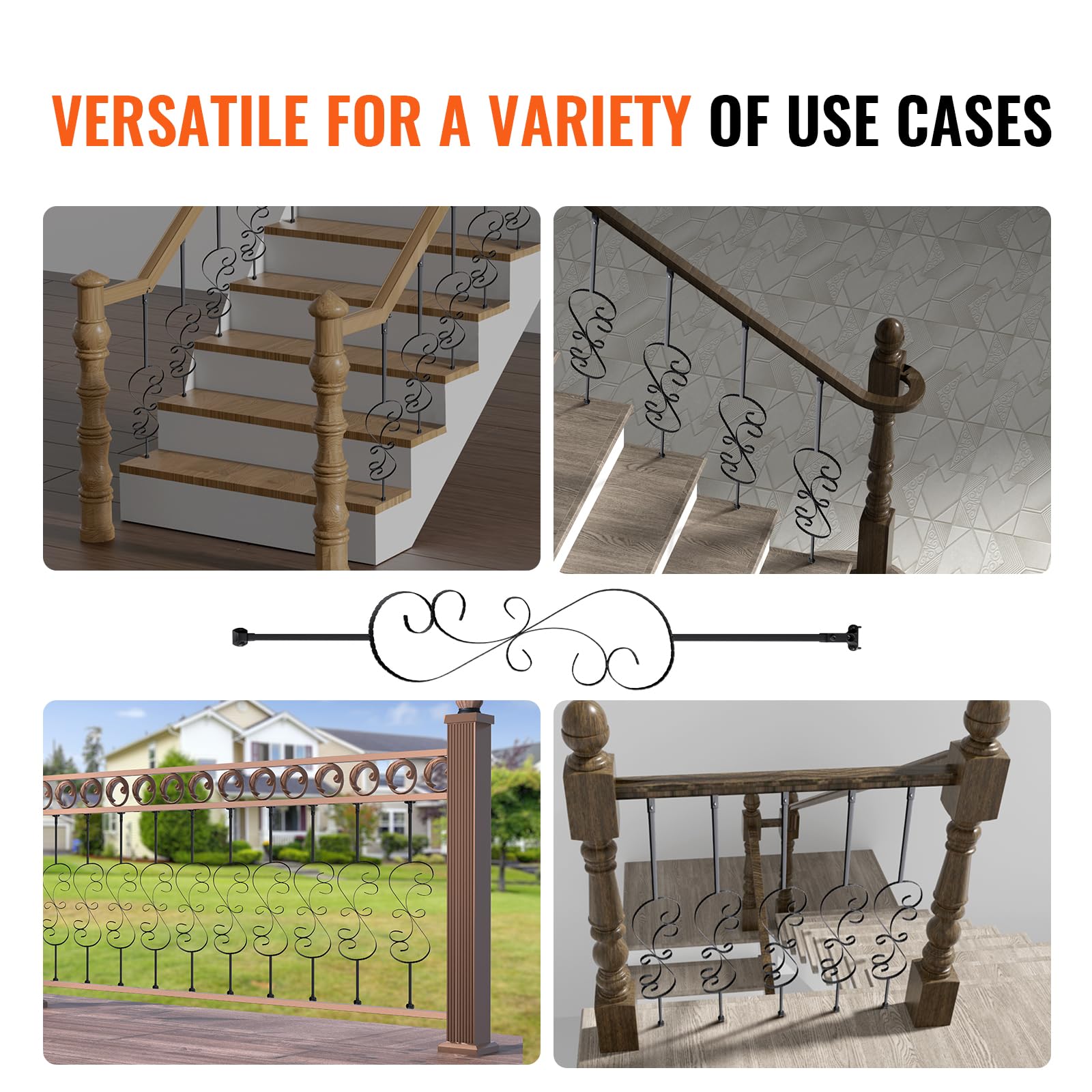 VEVOR Metalowe balustrady schodowe 1122 mm balustrady dekoracyjne pręty ze stali ocynkowanej 5 S tralki z butami i śrubami do drążonych ślimaków schodowych balustrady, czarny