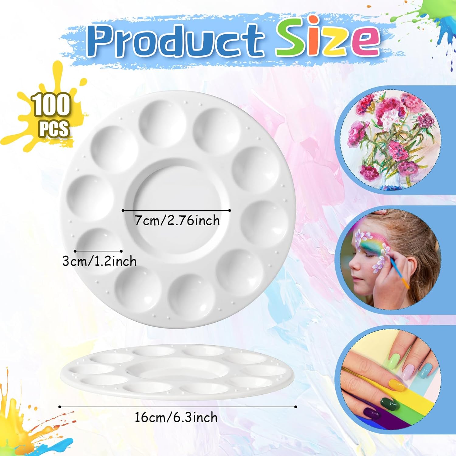 100 Pcs Paint Tray Palettes, Plastic Round Paint Pallets with 10 Wells White Washable Pallets Trays Holder for Art Classes Acrylic Painting Watercolor DIY Crafting Dimensions 6.3inch