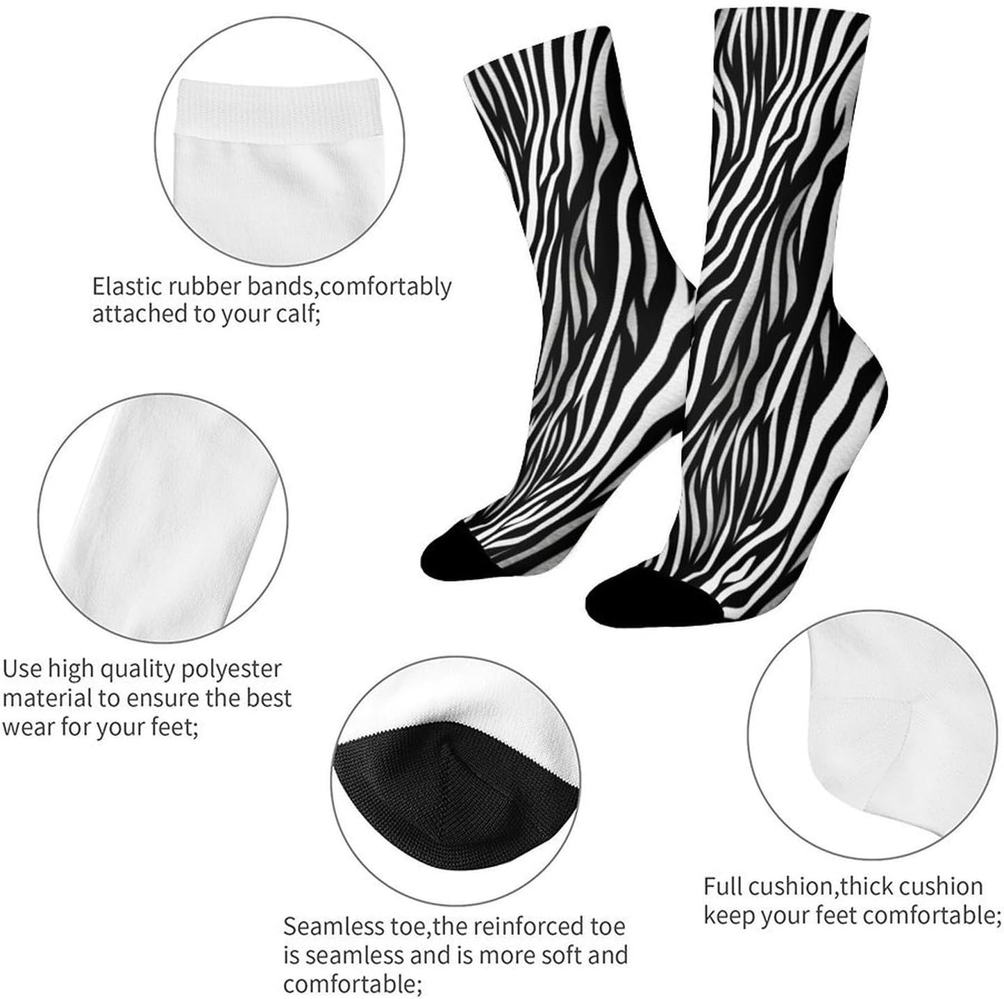 Moisture Wicking Socks, Breathable, Lightweight Crew Sock, Casual | Zebra Print Work Socks for Women Men, Elastic Soft Boot Socks for Travel, Seamless