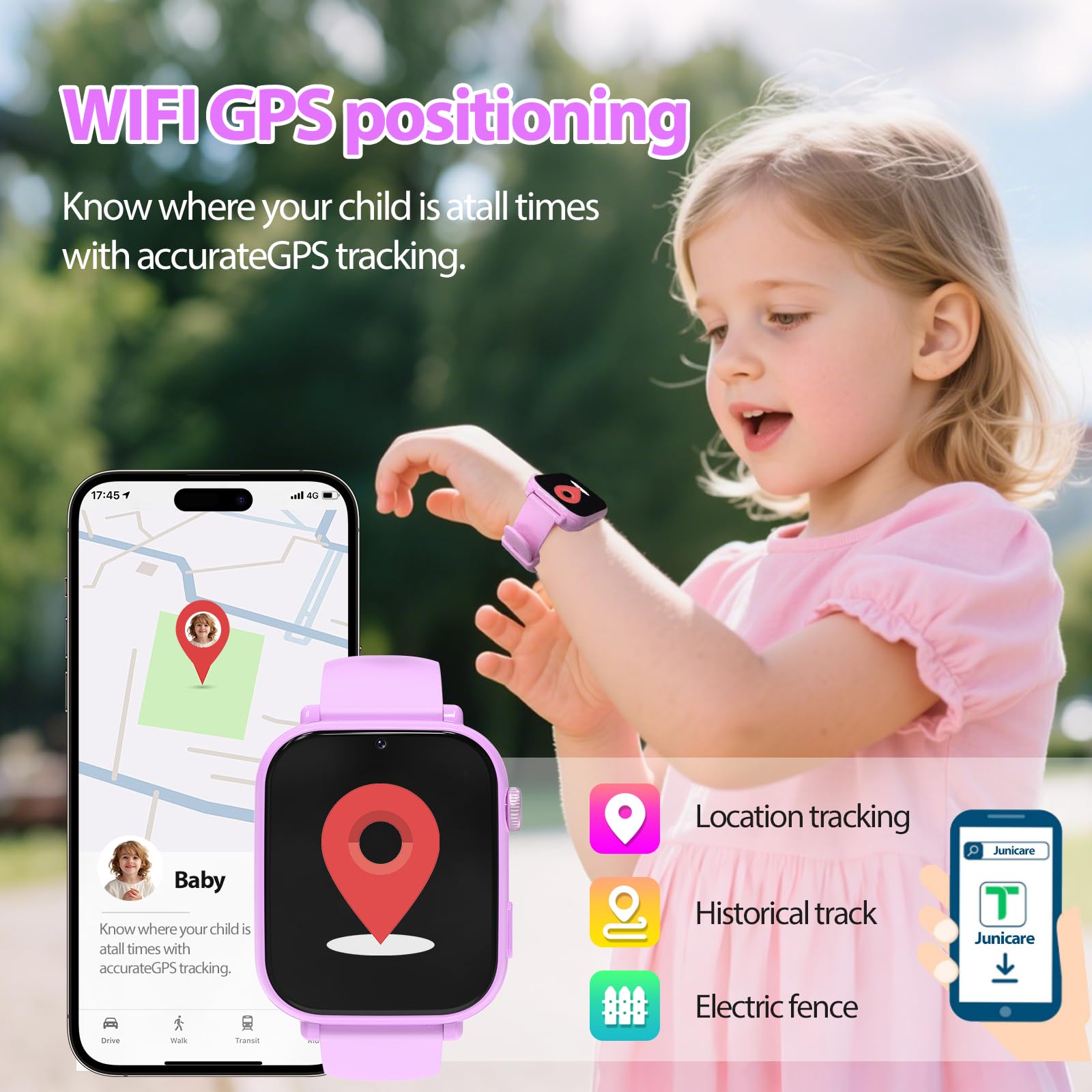 Alutoria 4G Smartwatch Bambina, Orologio GPS Bambini, Con Videochiamata e Telefono, WIFI/GPS/LBS Contapassi/Ricevi SMS SOS Modalità Scuola Sveglia, Regali per Bambini Dai 4 Anni in Su, Viola tenue