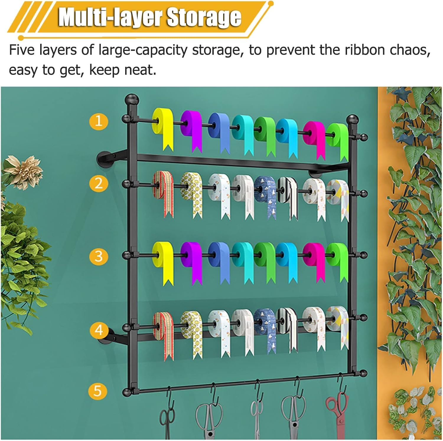 Wall Mounted Ribbon Rack Ribbon Storage Organizer, Wall Mounted Metal Scarf Rack Multicolor 70-100cm(Black,Length-100cm/39.3in)