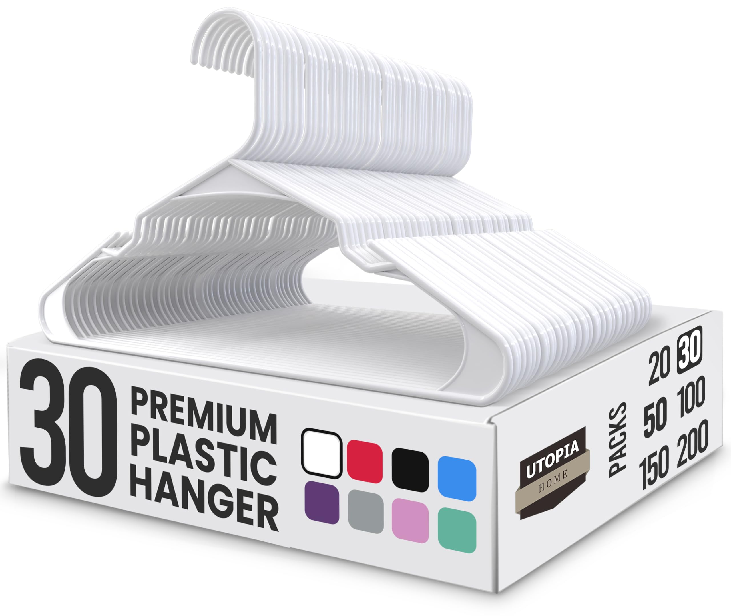 Utopia Home Plastic Hangers 30 Pack - Perfect Space Saving Clothes Hanger - Durable and Strong - Perfect Closet Organizers with Shoulder Grooves (White)