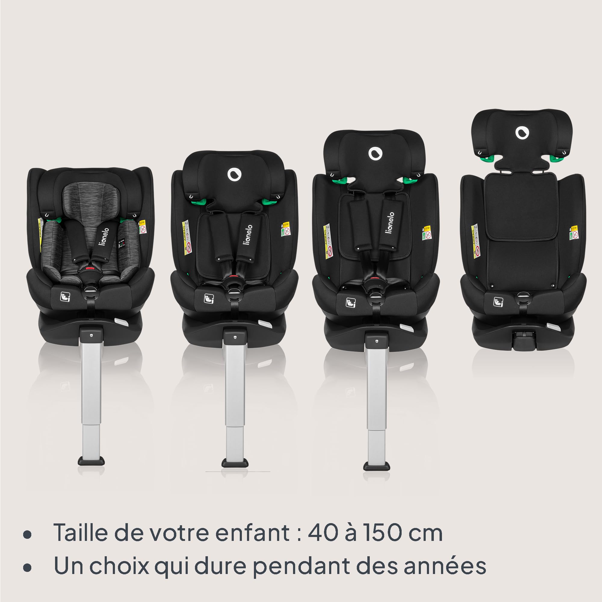 LIONELO Braam siege auto de 0 à 36 kg, jambe de force et Isofix ou ceintures de sécurité de voiture, rotation à 360 degrés face à la route ou dos à la route (Carbone Noir, BRAAM)