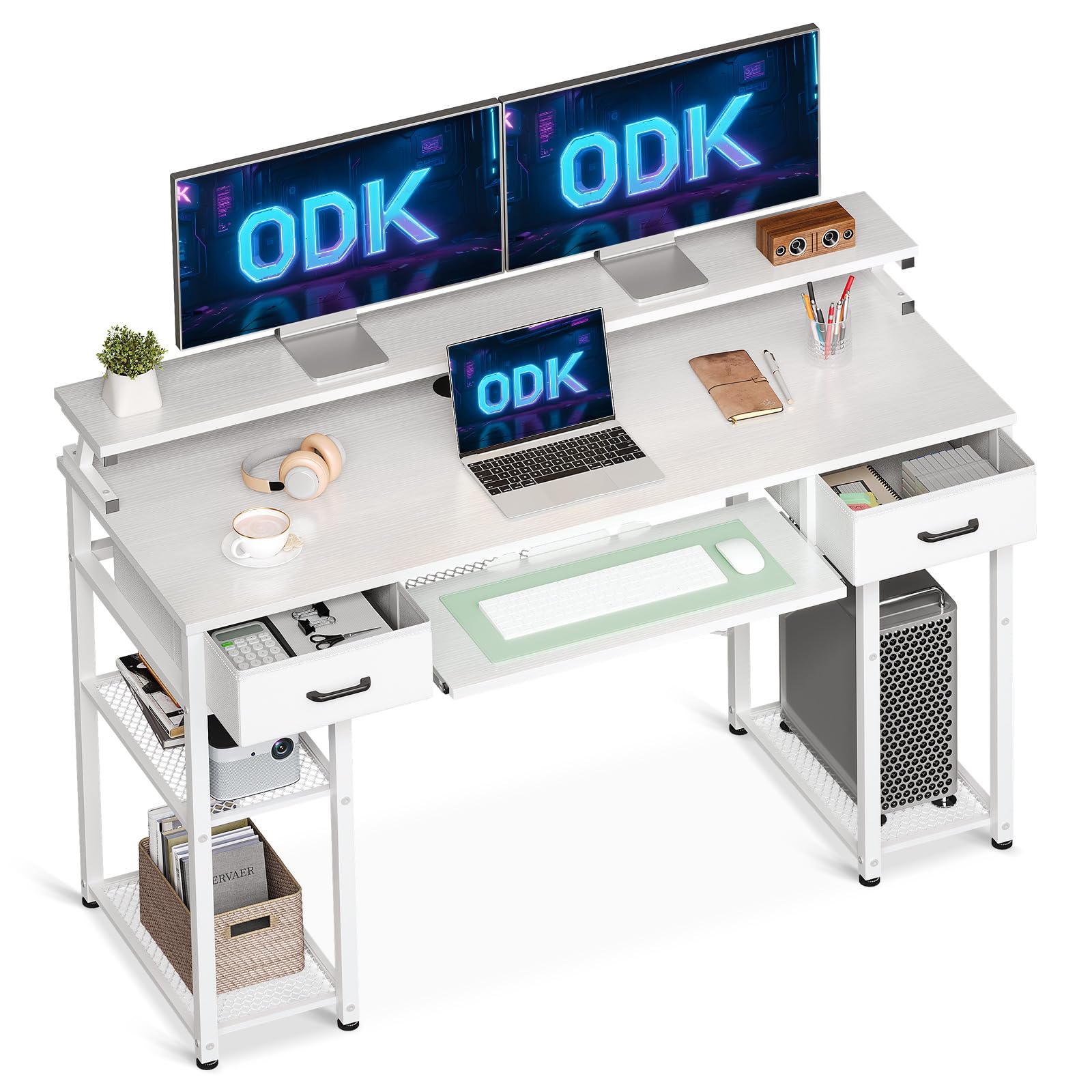 ODK Escritorio de Ordenador, Escritorio con 2 Cajones y Bandeja para Teclado, Escritorio de Oficina con Soporte para Monitor, Mesa de Escritorio con Estante Reversible para Oficina (Blanco)