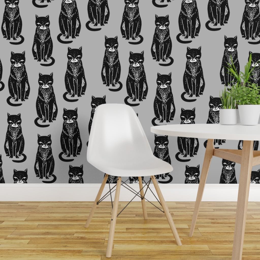 Removable Wallpaper 6ft x 2ft - Cat Grey Cats Cute Block Print Halloween Black Custom Pre-Pasted Wallpaper by Spoonflower