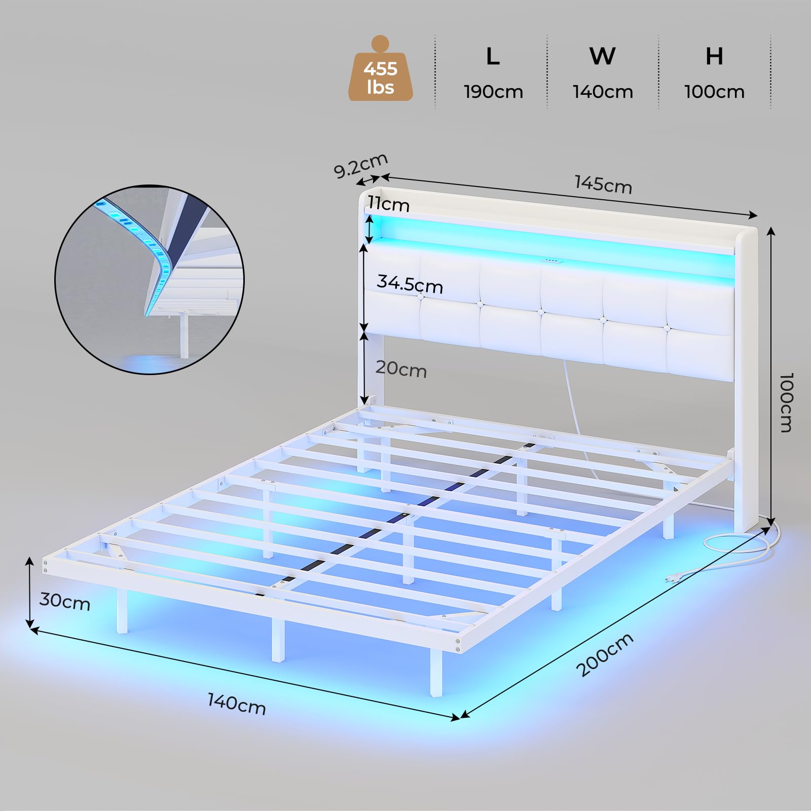 AOGLLATI Lit Flottant,140×190 CM, Cadre de Lit avec Éclairage LED, Multiprise, Tête de lit avec Rangement, Structure Stable, Pas Besoin de Sommier, PU, Blanc