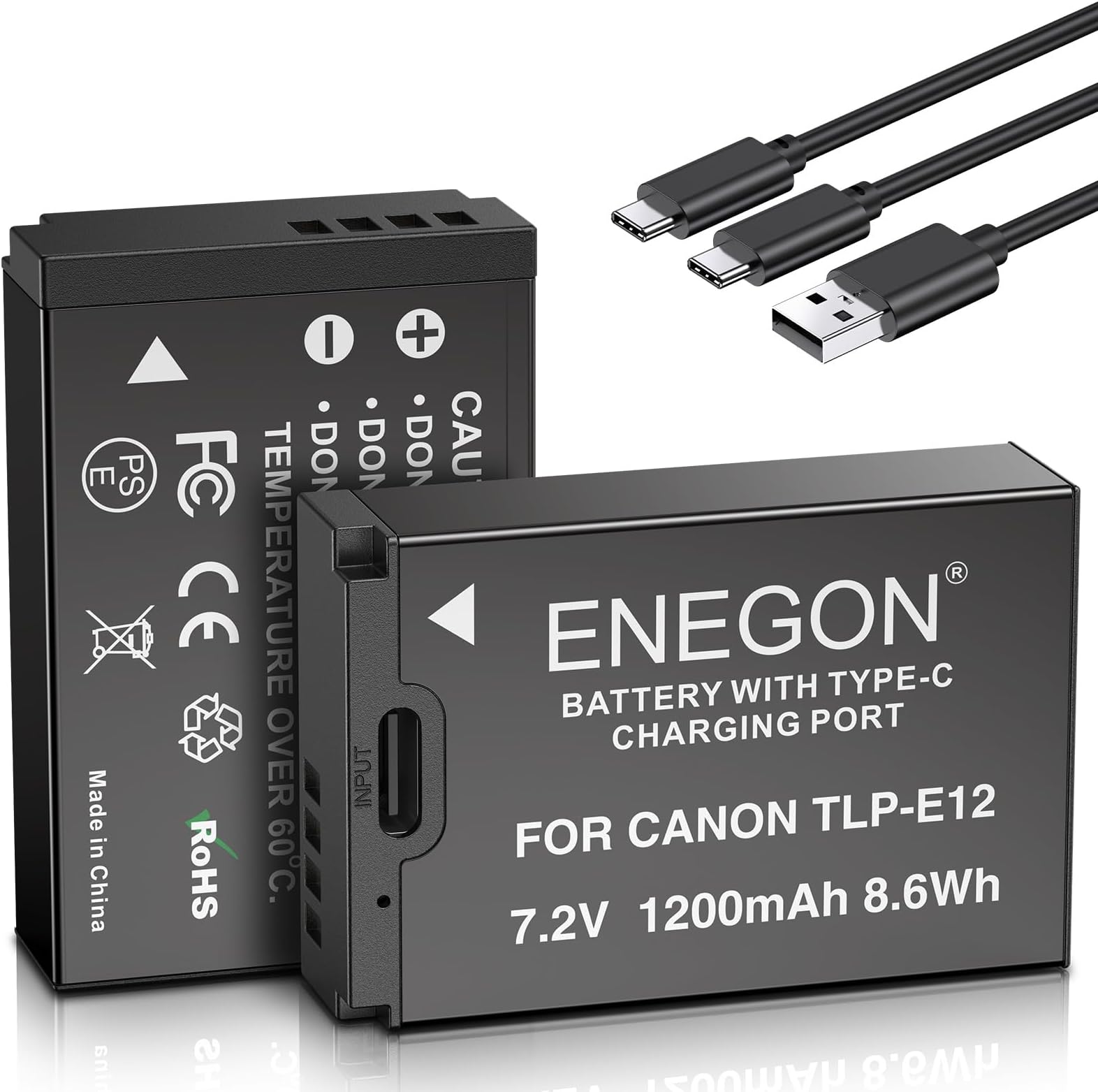 ENEGON LP-E12 USB C Direct Charging Replacement Batteries 1200mAh (2-Pack) with 2 in 1 USB-C Charging Cable for Canon Rebel SL1, PowerShot SX70 HS, EOS M, EOS M10, EOS M50, EOS M100, EOS M200 Cameras