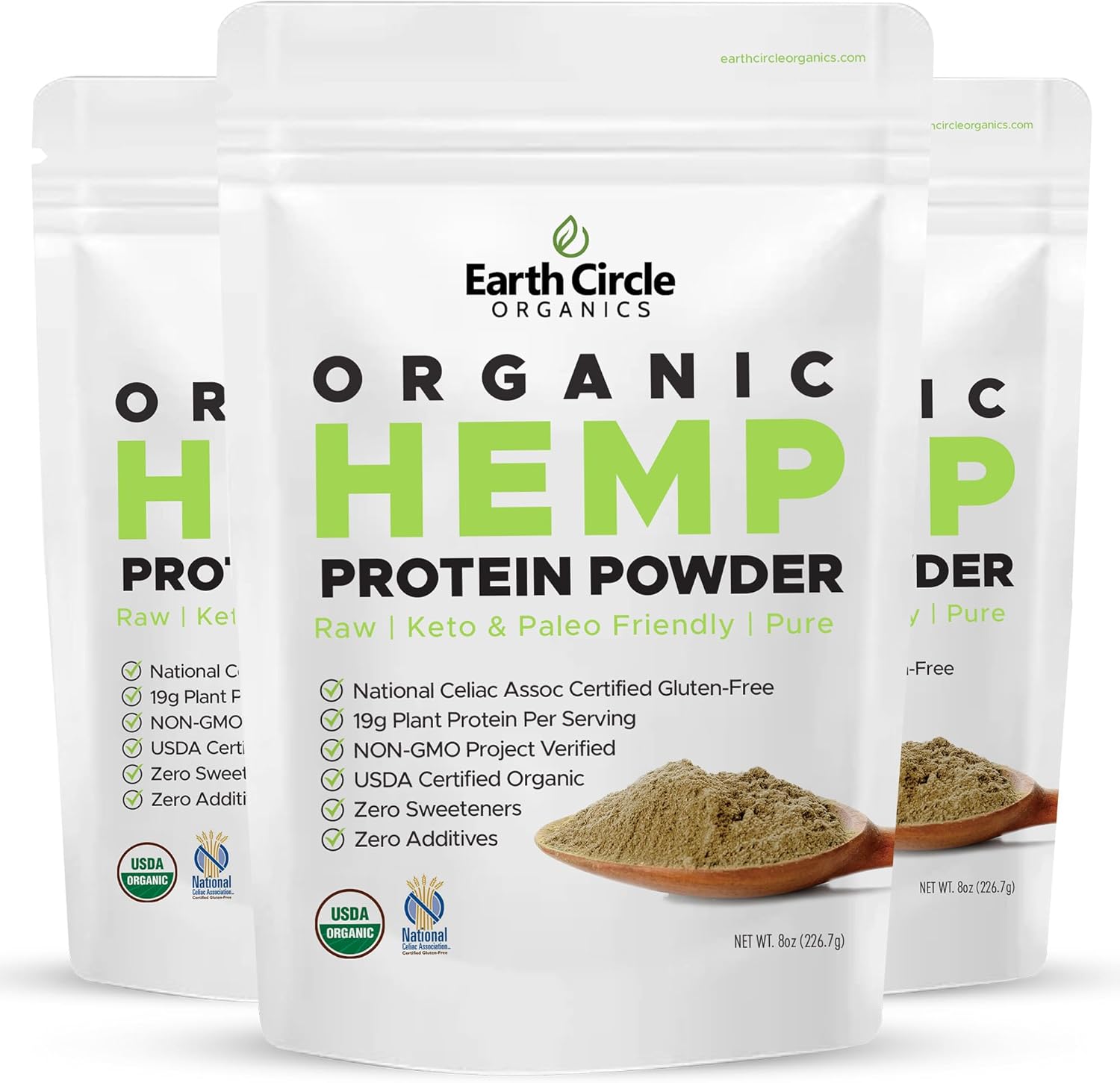 Earth Circle Organics Organic Hemp Protein Powder, Gluten Free, Plant Based & Vegan Raw Protein Powder - Perfect for Keto, Meal Replacement Shakes, Pre-Workout and Post Workout (8oz, Pack of 3)