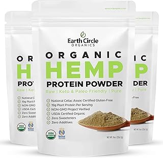 Earth Circle Organics Organic Hemp Protein Powder, Gluten Free, Plant Based & Vegan Raw Protein Powder - Perfect for Keto, Meal Replacement Shakes, Pre-Workout and Post Workout (8oz, Pack of 3)