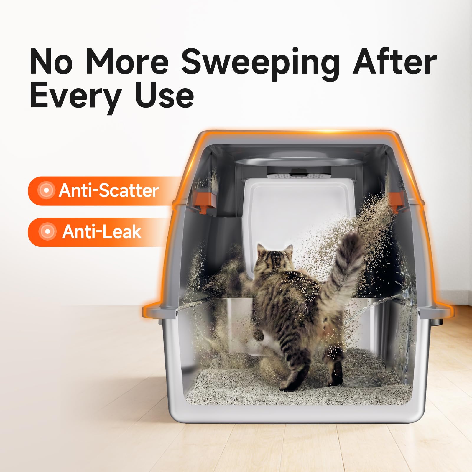 Tevila Extra Large Stainless Steel Litter Box with Lid, High Sided Enclosed Metal Cat Litter Pan, Dog Proof Front Entry Top Exit, Odor Control Easy Clean Leak Proof, Includes Mat, Scoop & Step, Grey - image 3
